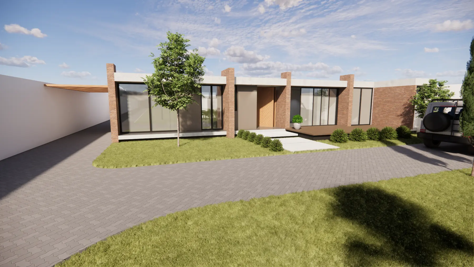 Render de una casa de una planta con fachada de ladrillo y grandes ventanales